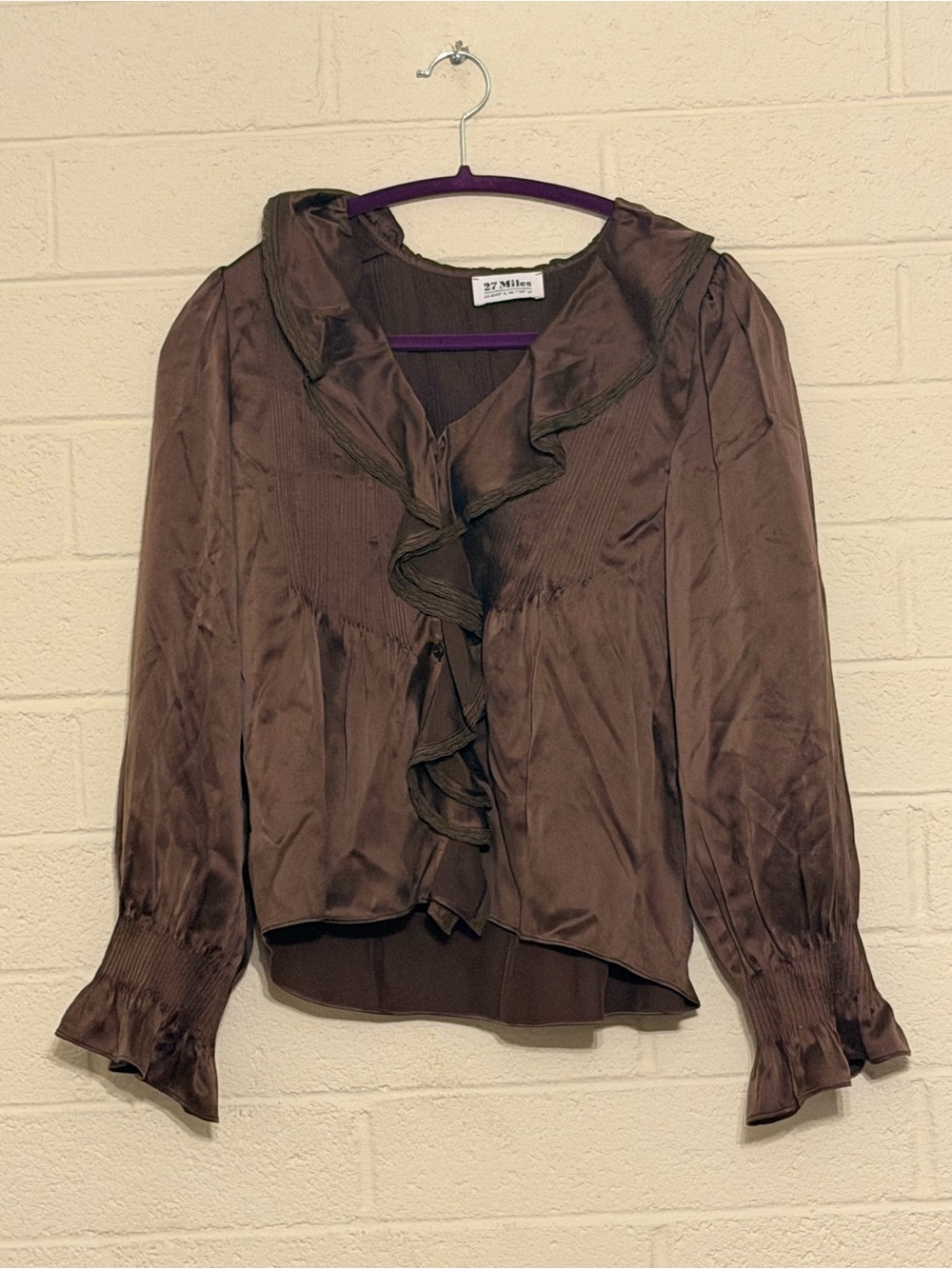 27 Miles Malibu Long-Sleeve Cascade Ruffle Pin-Tuck Blouse in brown